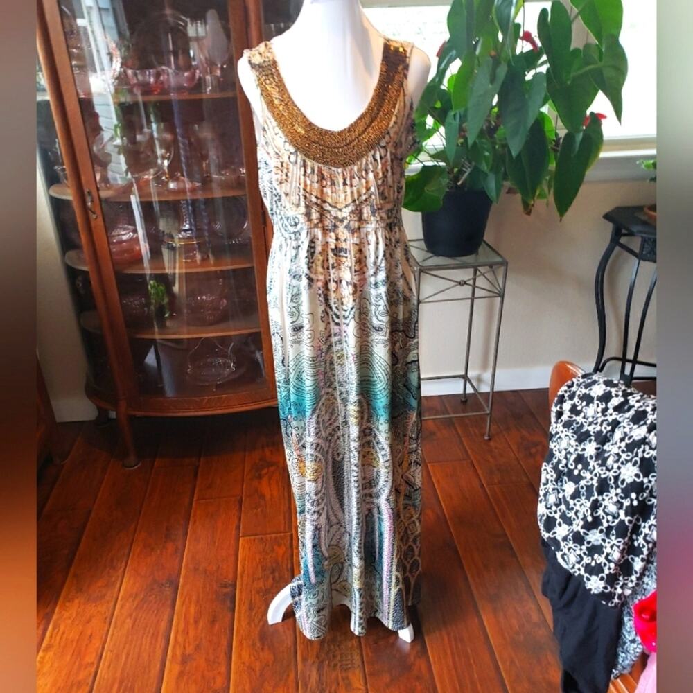 One World Live and Let Live Paisley Beaded Maxi Dress Bronze Teal Medium